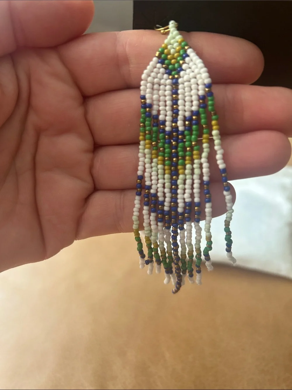Handmade Myra White, Blue & Green Seed Bead Fringe Earrings